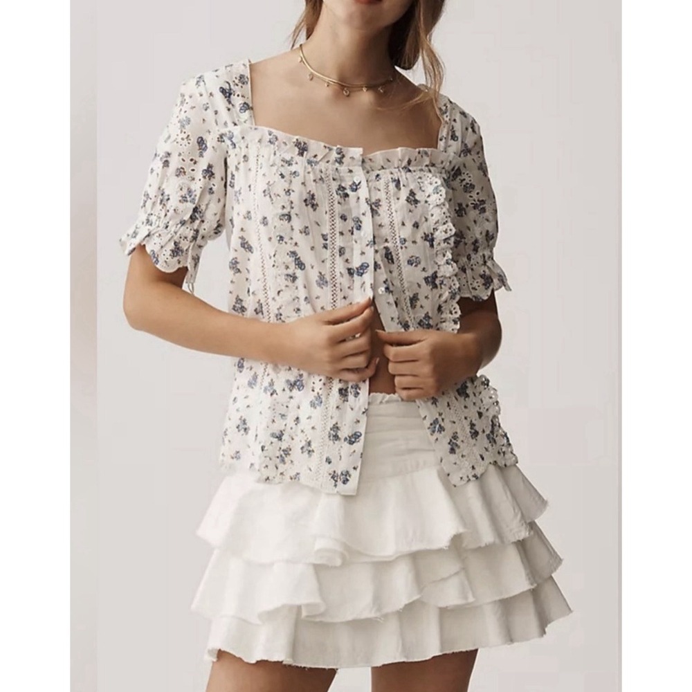 NWT Anthropologie Puff-Sleeve Eyelet Top Cotton Ivory Blue Floral Size Large - Picture 1 of 13